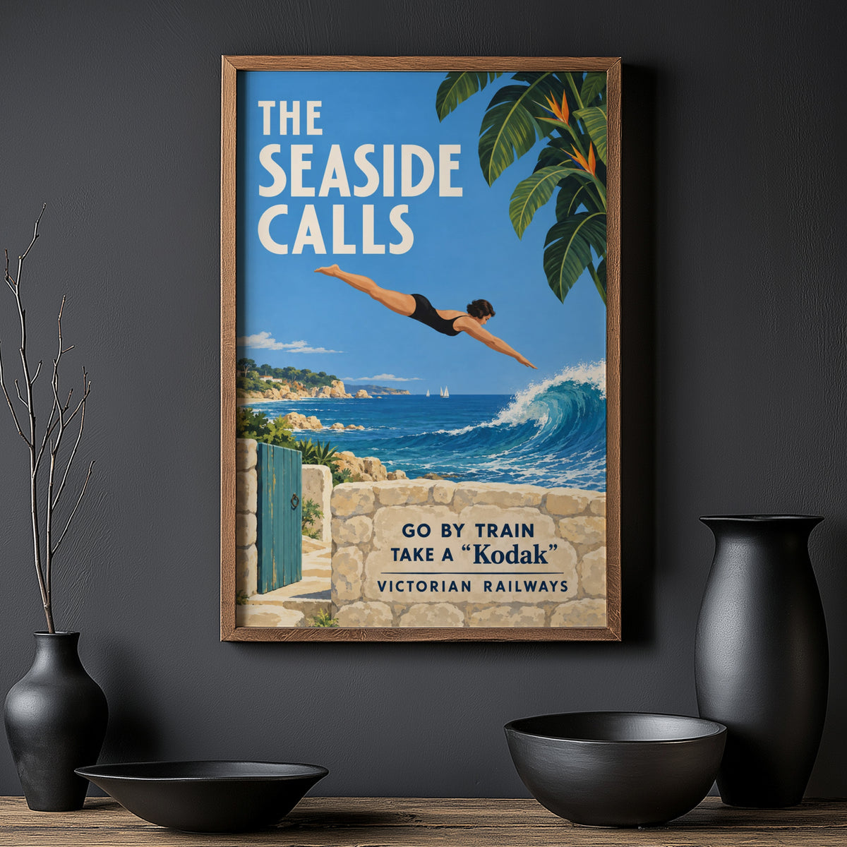 Vintage Seaside Diver Poster, Art Deco Wall Art, Train Print