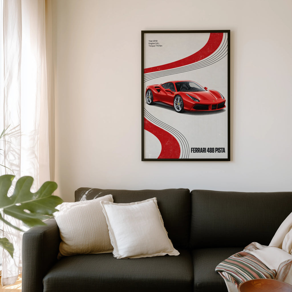 Vintage Ferrari 488 Pista Print, Red Supercar Art