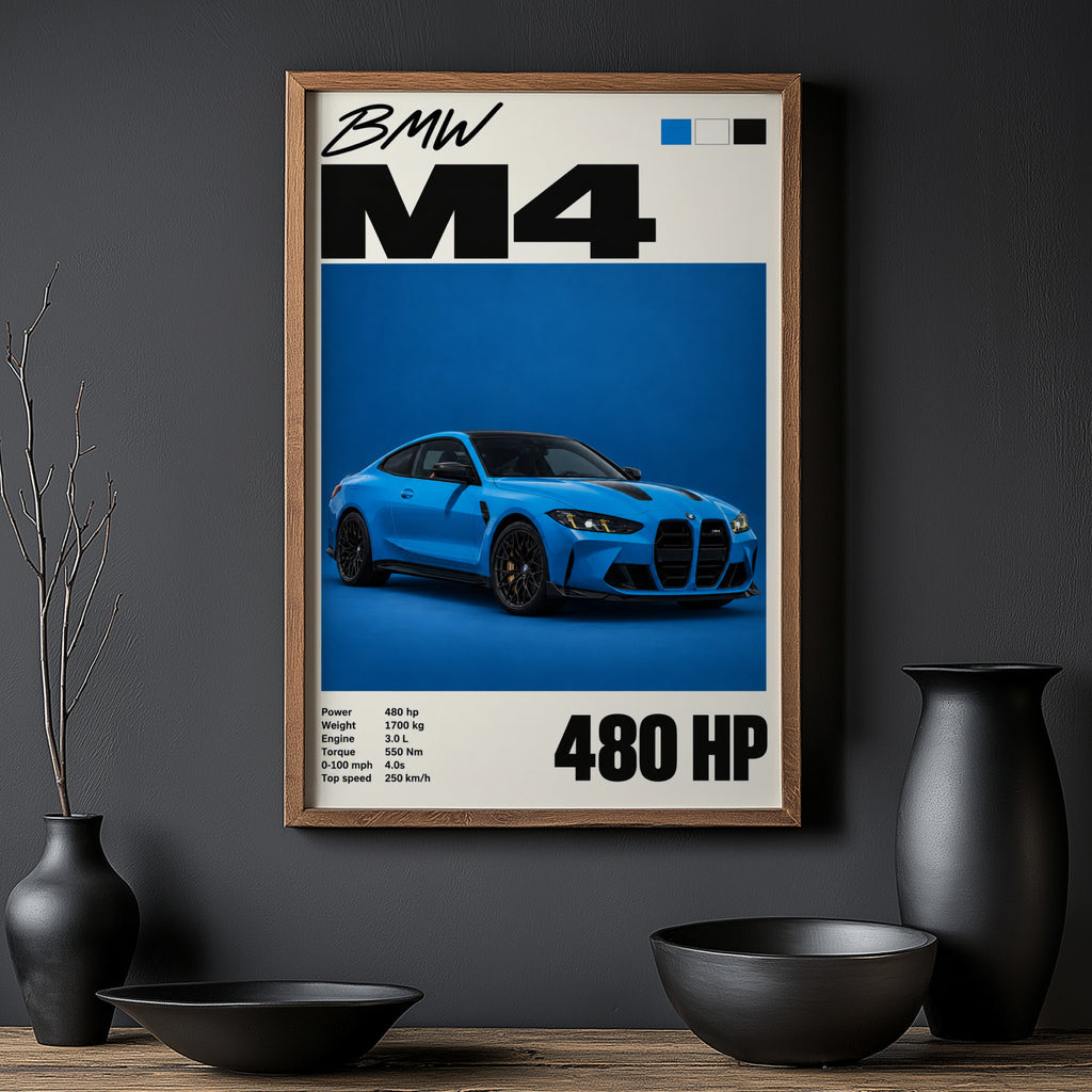 Vintage BMW M4 Print, Blue Coupe Car Wall Art