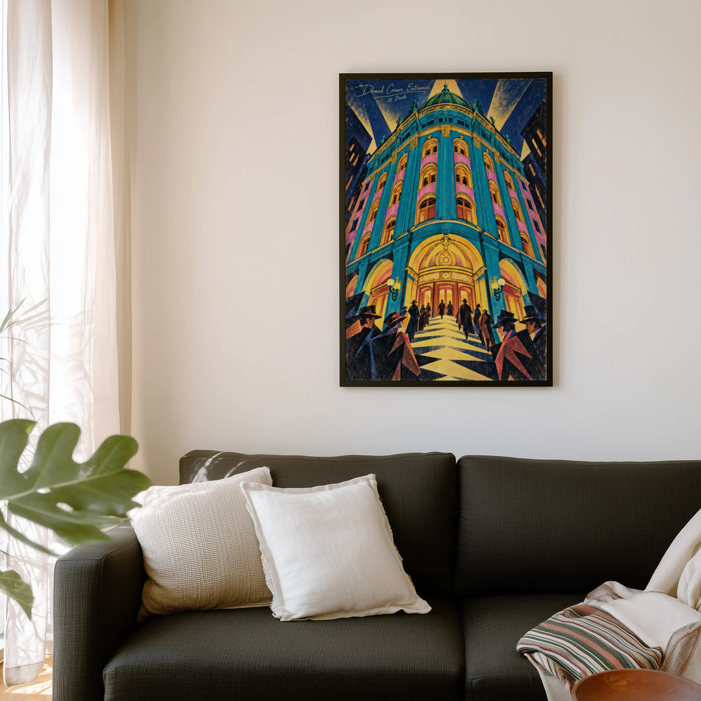 Vintage Art Deco Building Poster, Turquoise Dome Print