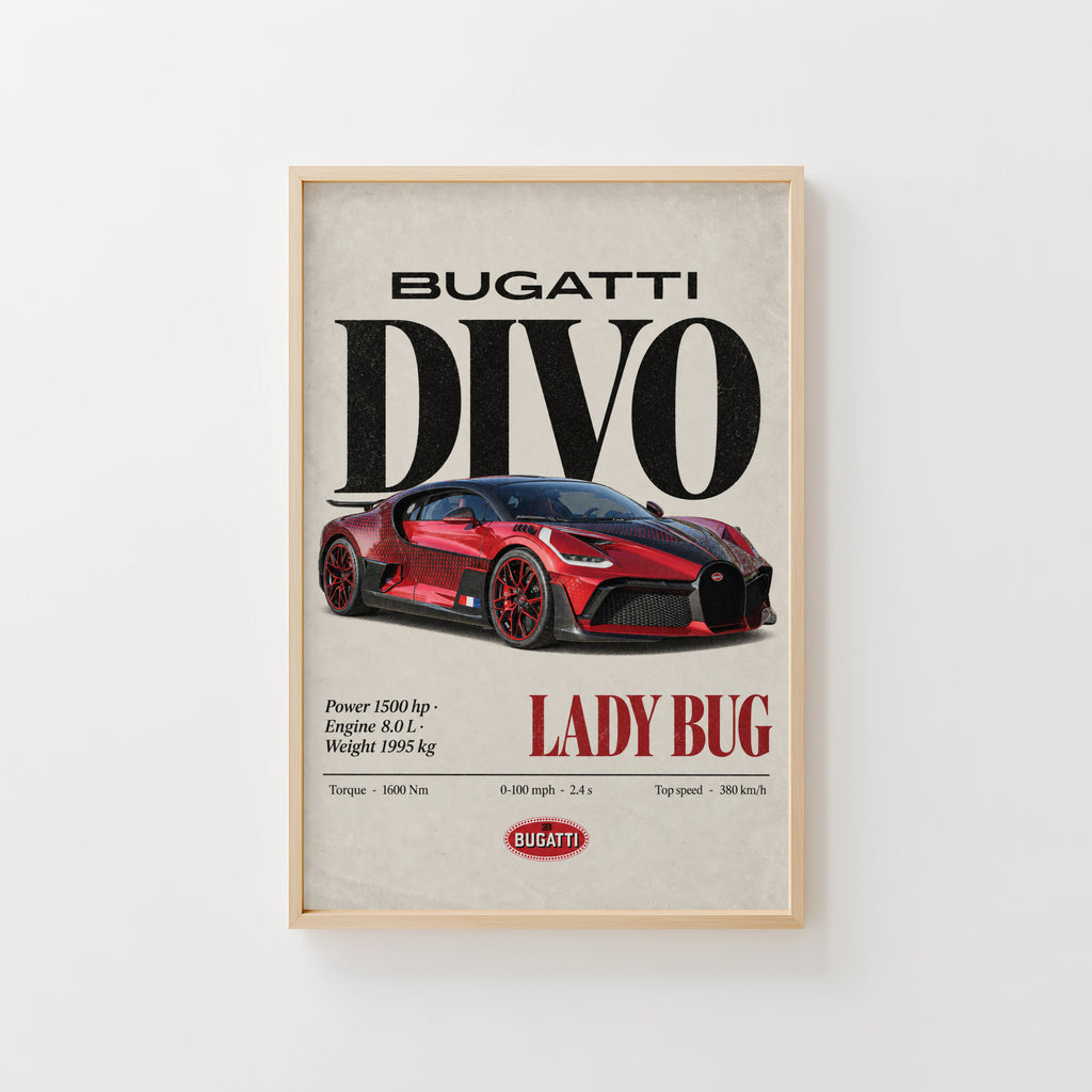 Vintage Bugatti Divo Lady Bug Print, Supercar Art