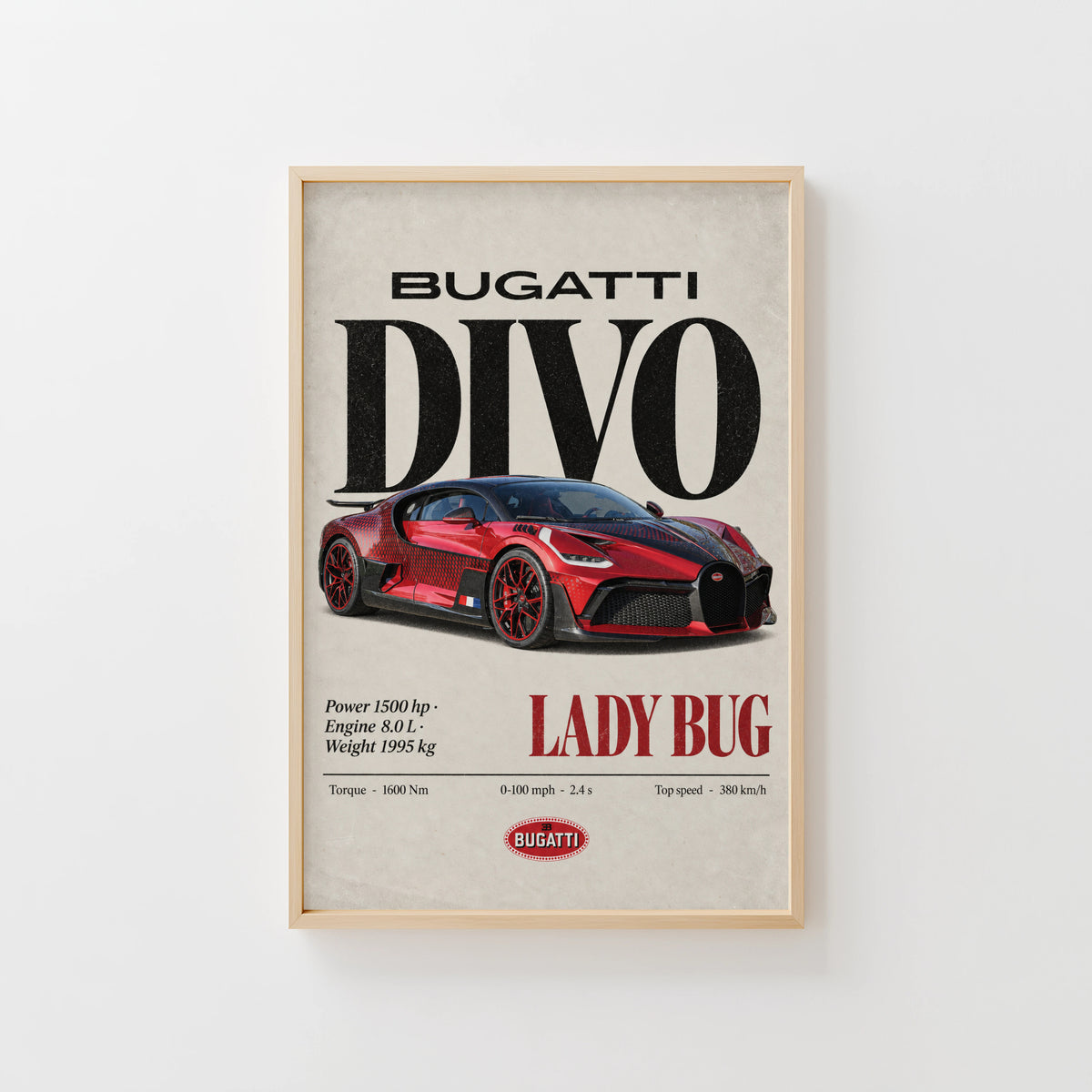 Vintage Bugatti Divo Lady Bug Print, Supercar Art