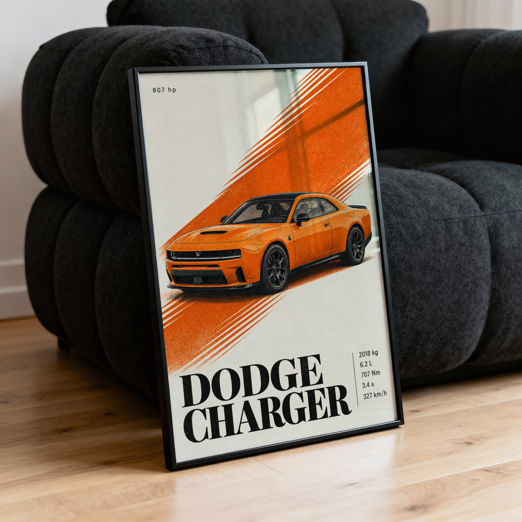 Vintage Dodge Charger Print, Orange Muscle Car