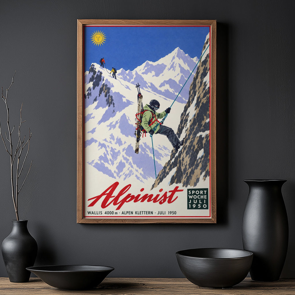 Vintage 1950 Alpinist Alps Climbing Print, Ski Poster