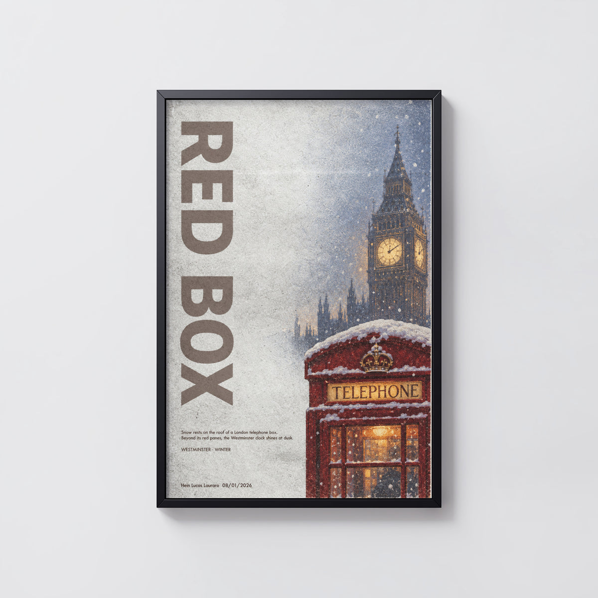 Vintage London Red Telephone Box Poster, Winter Print