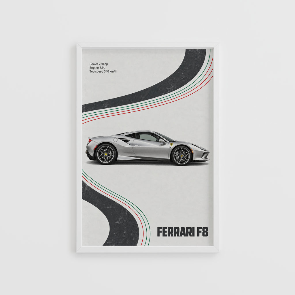 Vintage Ferrari F8 Print, Supercar Wall Art