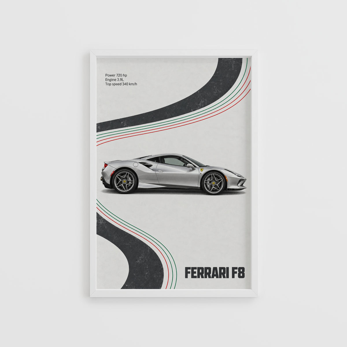 Vintage Ferrari F8 Print, Supercar Wall Art