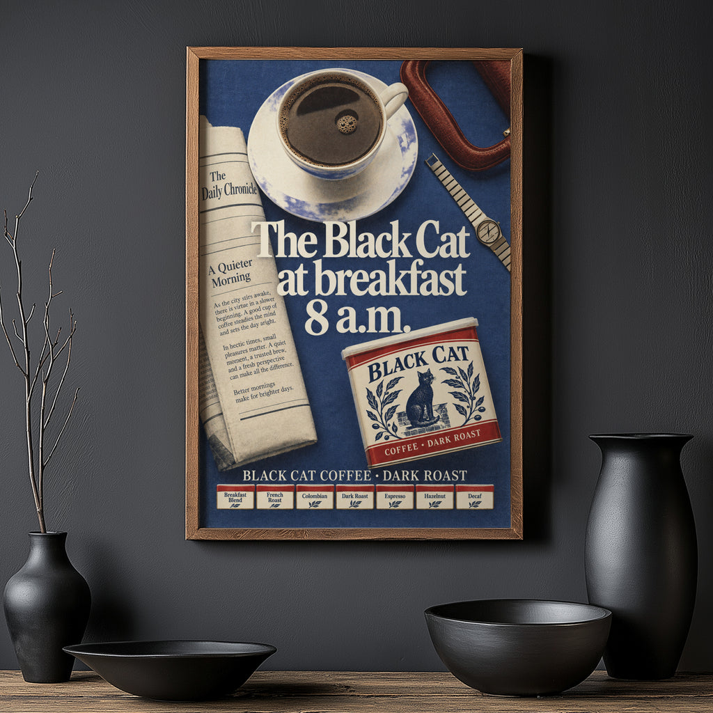 Vintage Coffee Print and Poster, Black Cat Kitchen Art