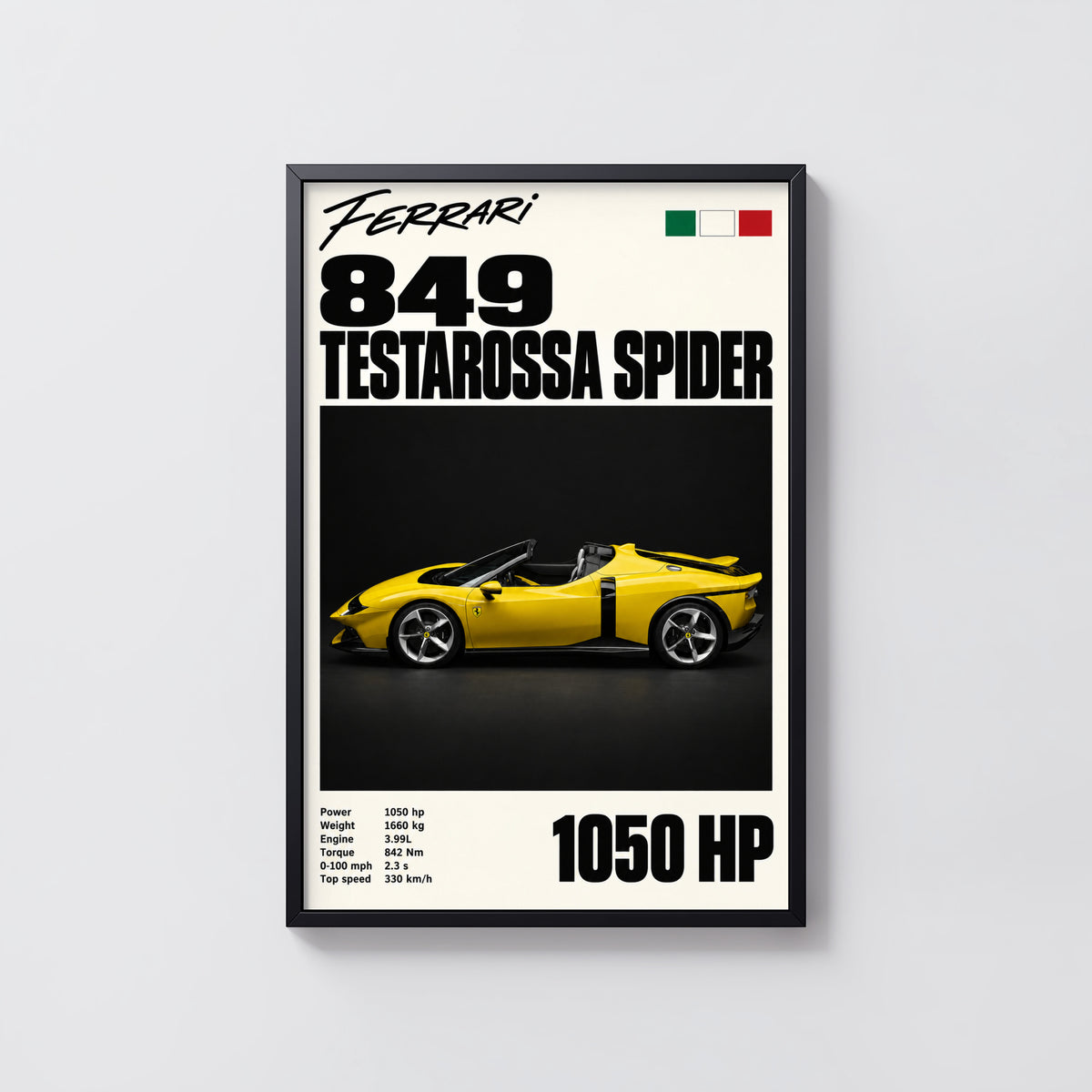 Vintage Ferrari Print, Yellow Supercar Wall Art