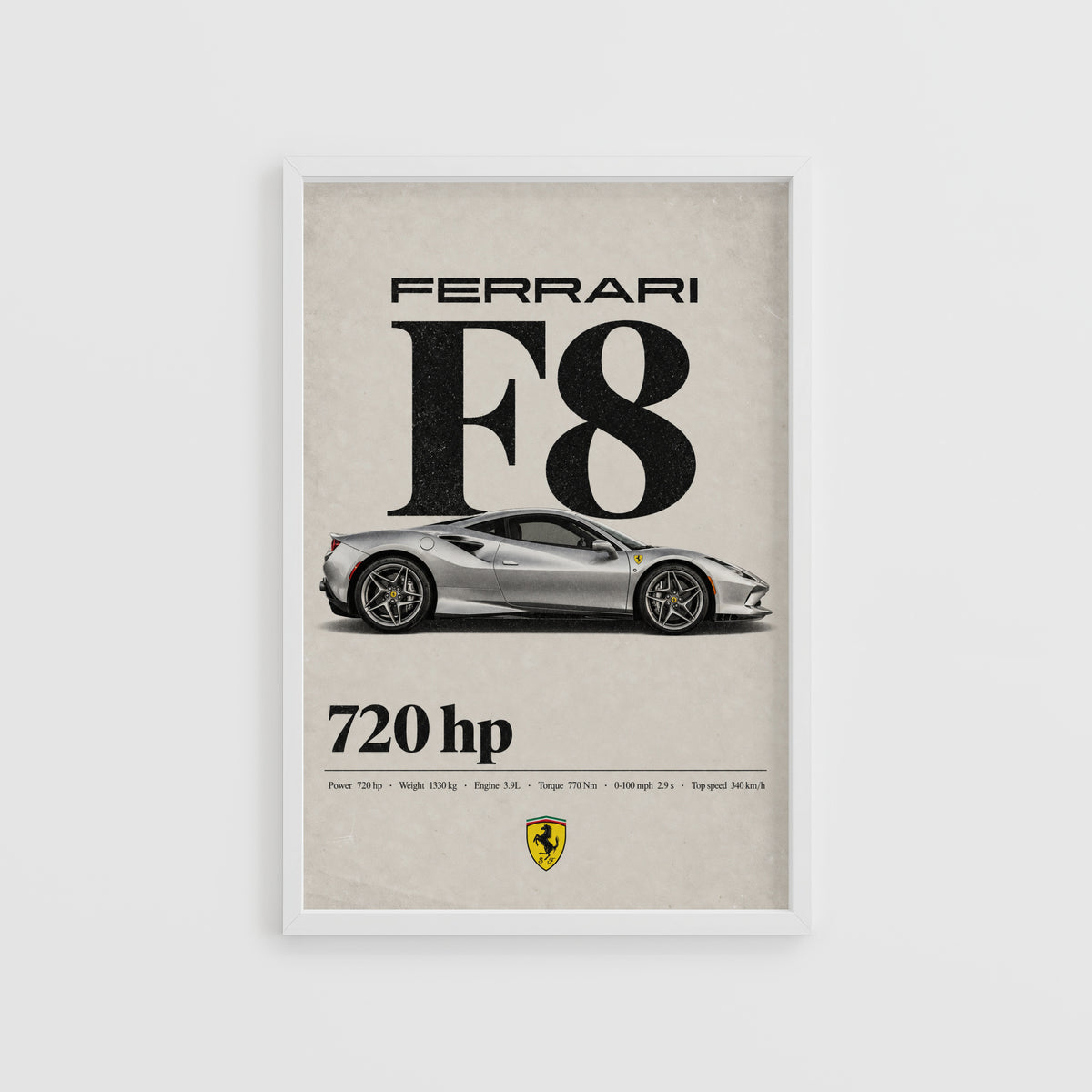 Vintage Ferrari F8 Print, Supercar Wall Art