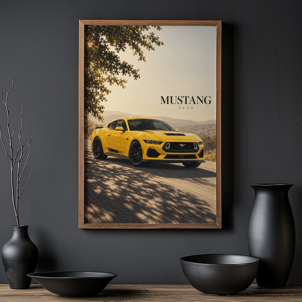 Vintage Ford Mustang Print, Yellow Car Wall Art