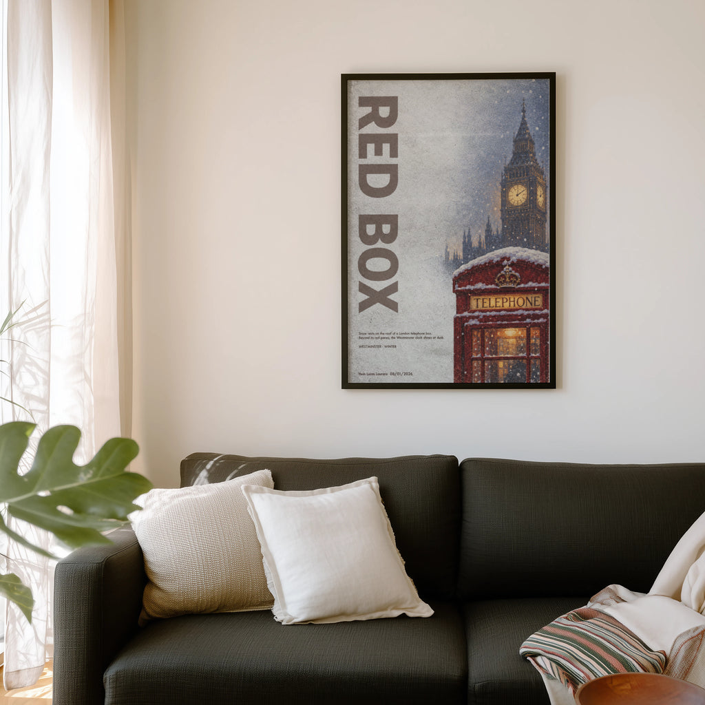 Vintage London Red Telephone Box Poster, Winter Print