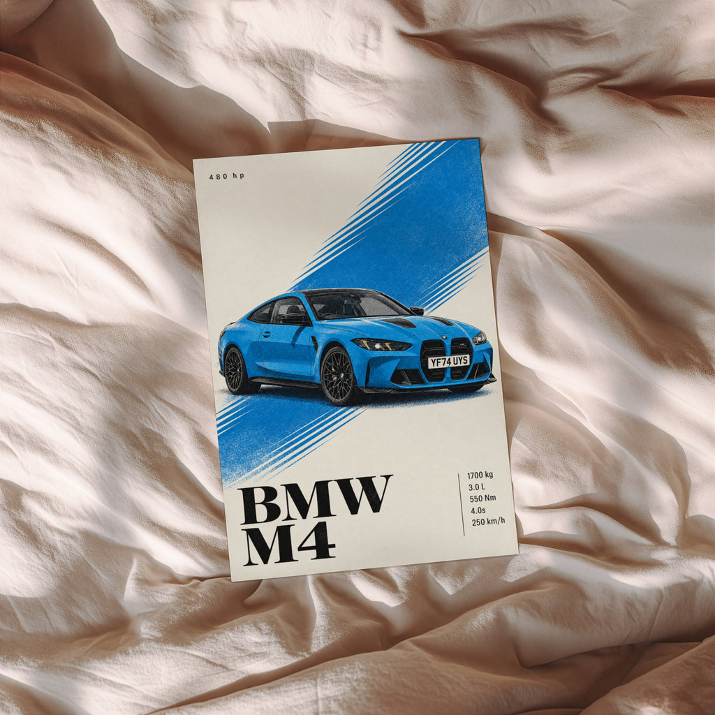 Vintage BMW M4 Print, Blue Car Wall Art