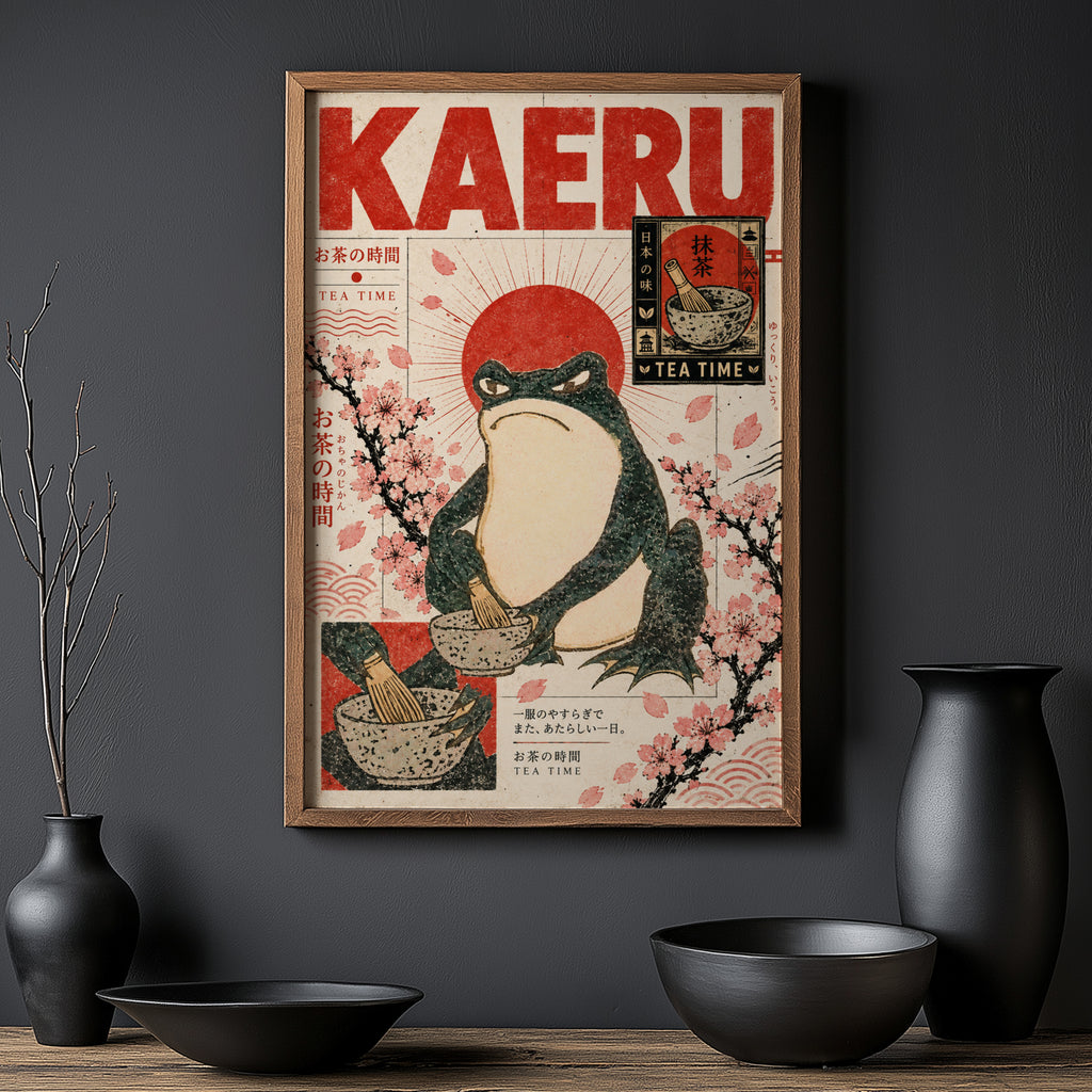 Vintage Japanese Frog Print, Matcha Tea Time Poster