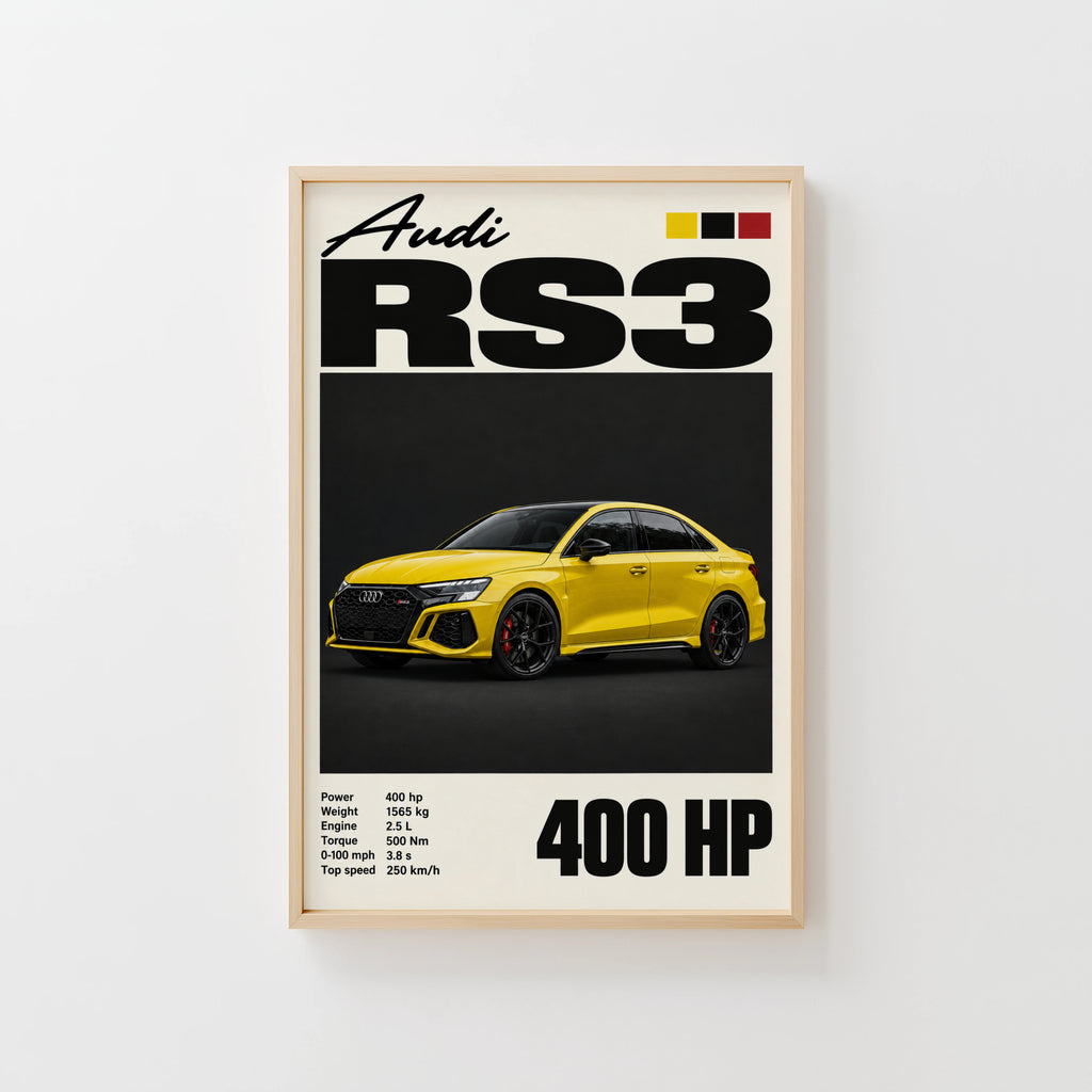 Vintage Audi RS3 Print, Yellow Car Wall Art