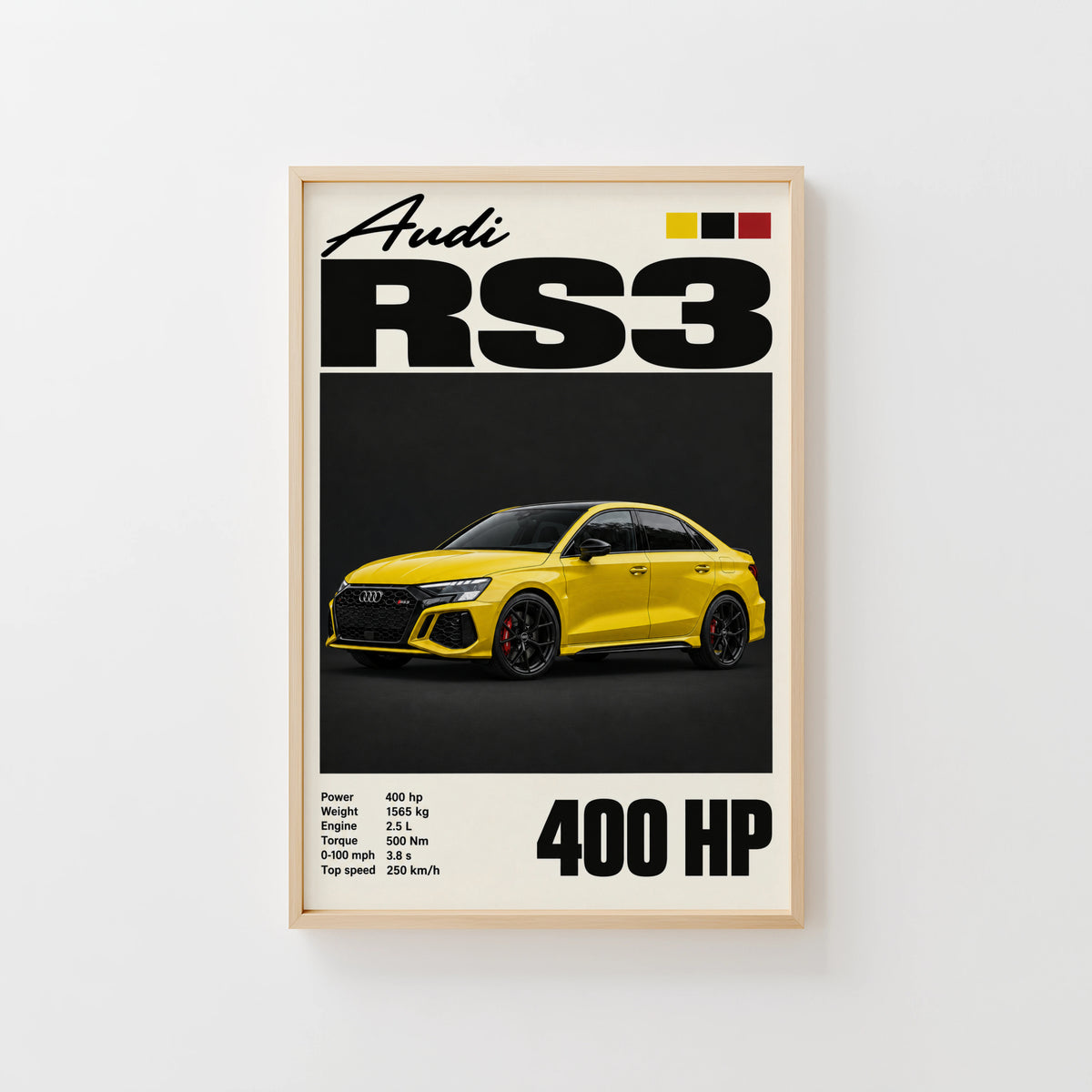 Vintage Audi RS3 Print, Yellow Car Wall Art