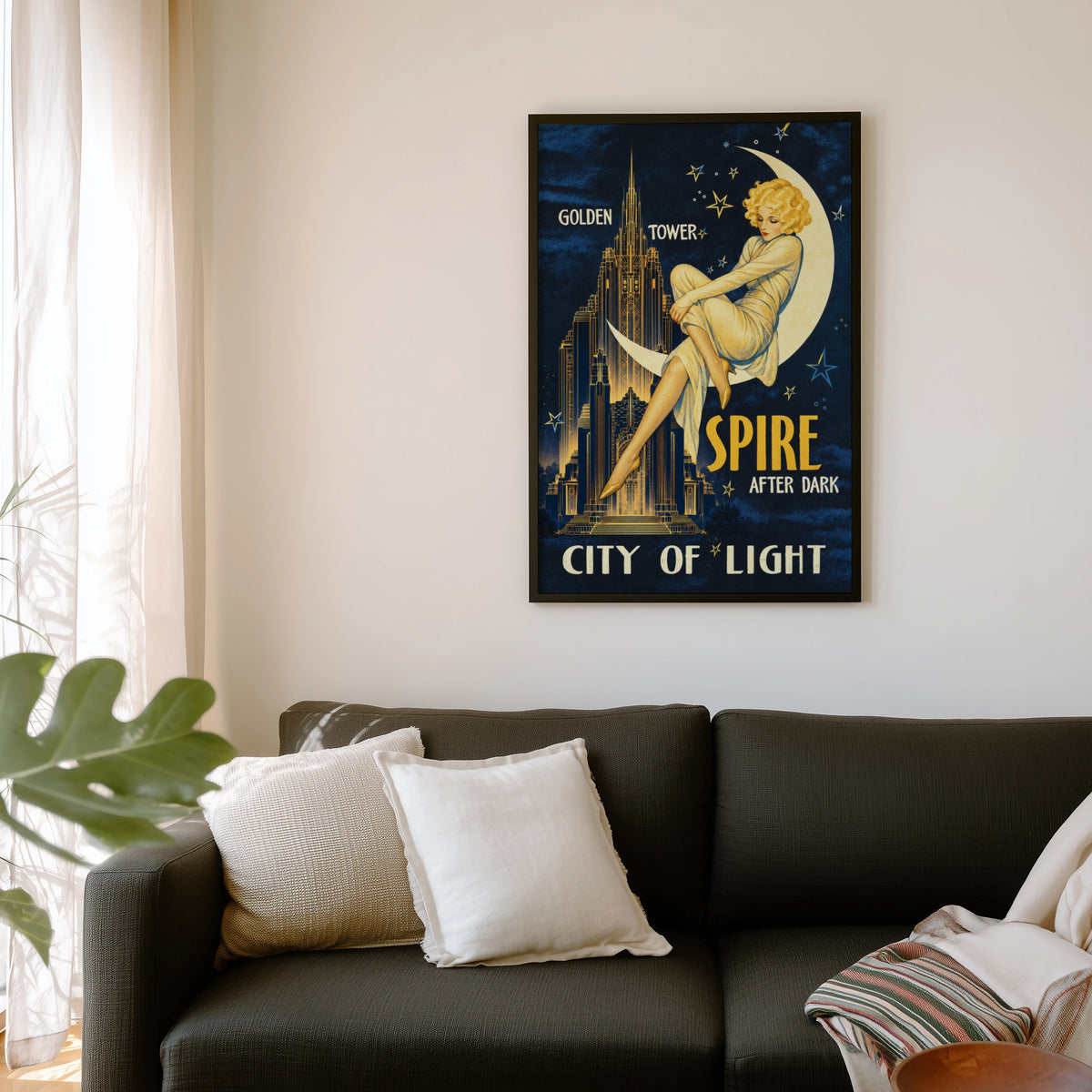 Vintage Art Deco Moon Lady Poster, Night City Wall Art Print