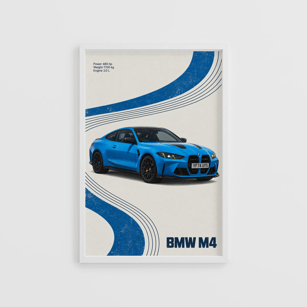 Vintage BMW M4 Print, Blue Retro Car Wall Art