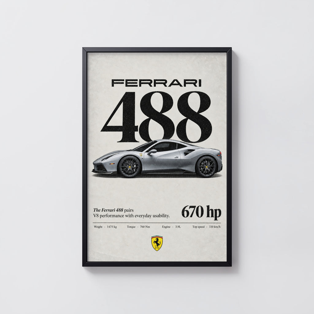 Vintage Ferrari 488 Print, Car Poster, Supercar Wall Art