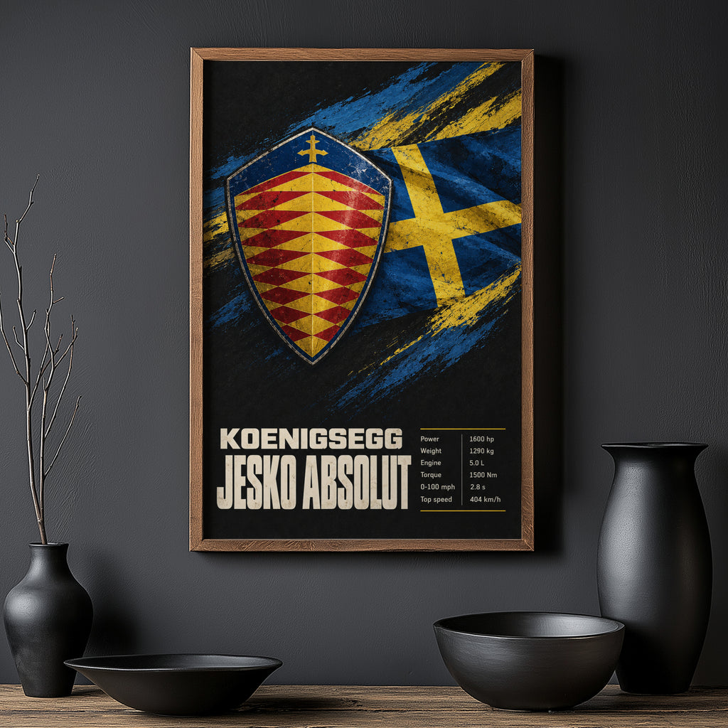 Vintage Koenigsegg Jesko Absolut Print, Swedish Flag