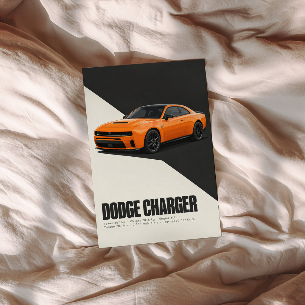 Vintage Dodge Charger Print, Orange Muscle Car Art