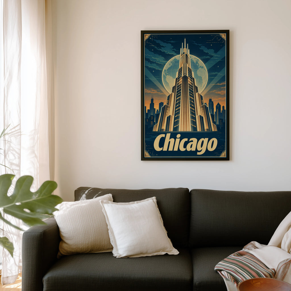 Vintage Chicago Poster, Art Deco Skyline Wall Art Print