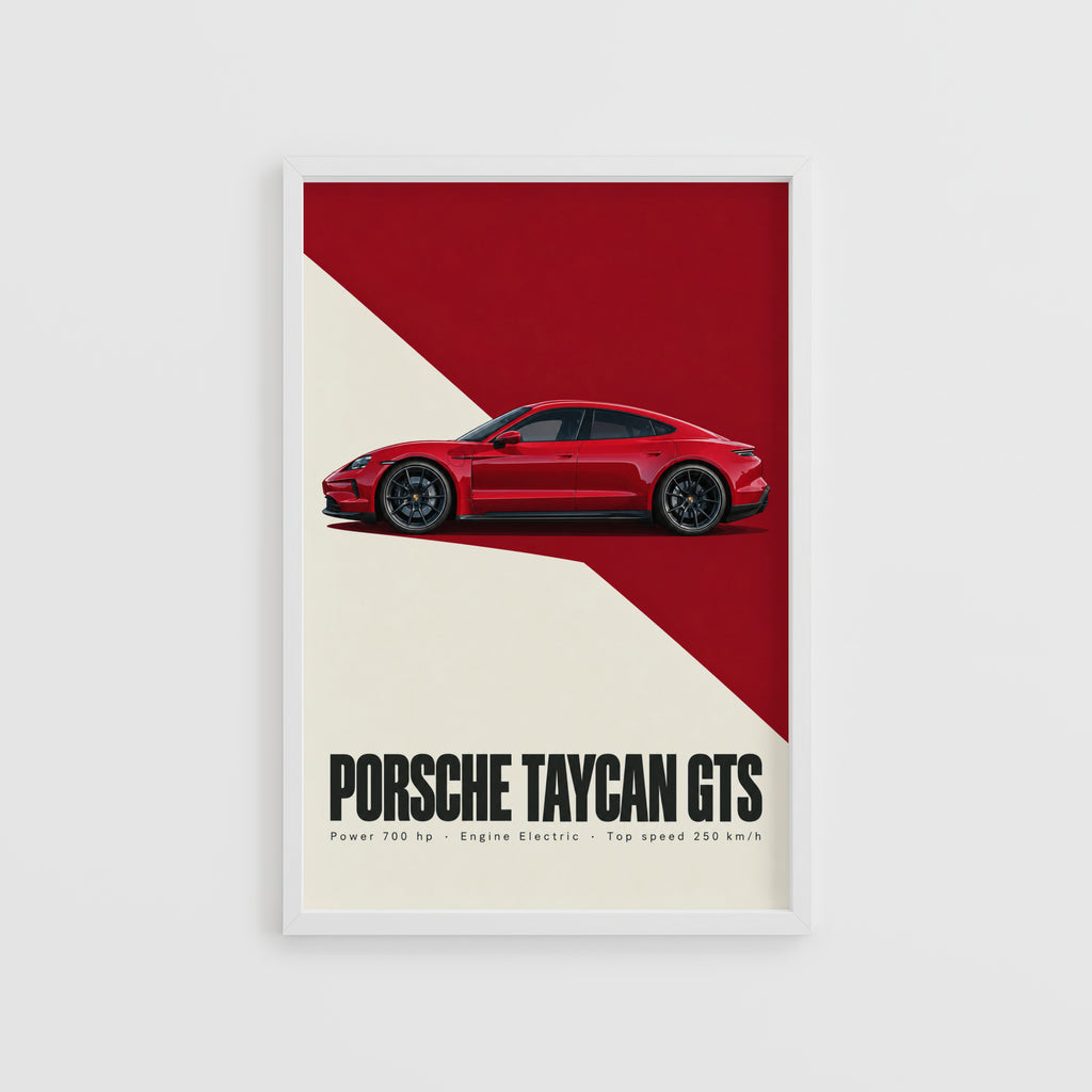 Vintage Porsche Taycan GTS Print, Car Poster, Red Wall Art