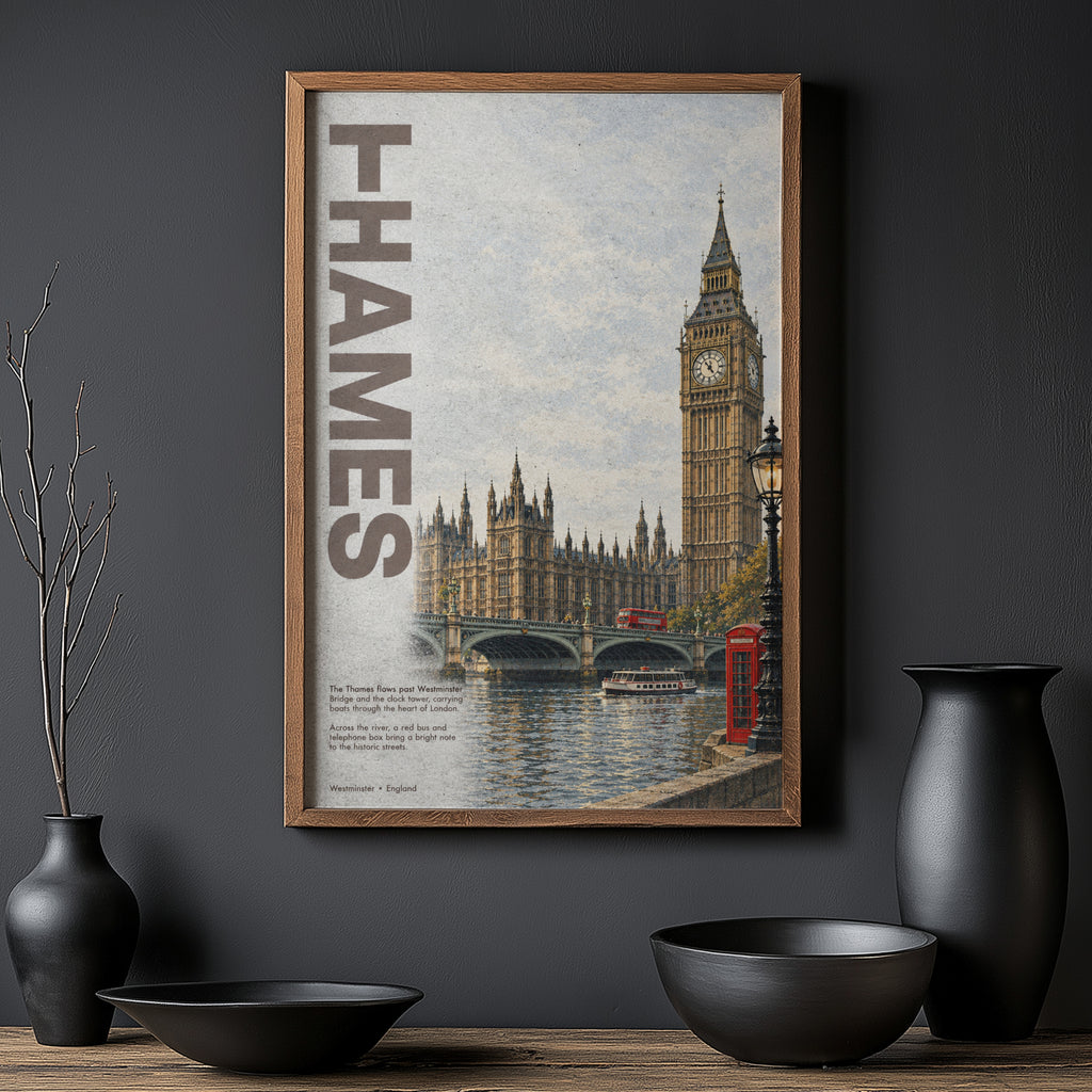 Vintage London Thames Poster, Big Ben Wall Art Print