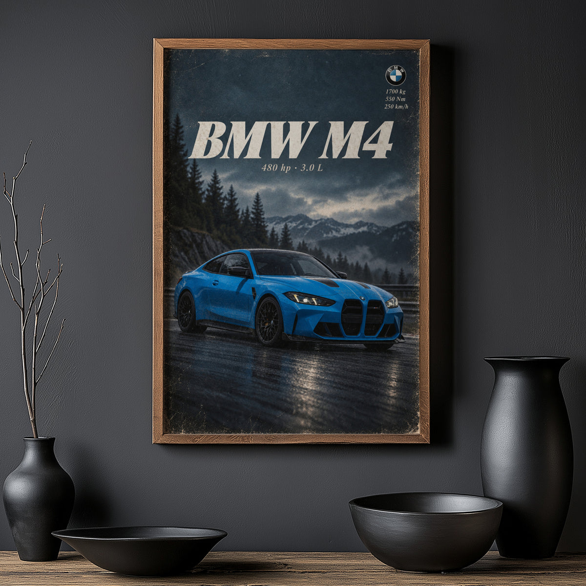 Vintage BMW M4 Print, Blue Coupe Car Wall Art