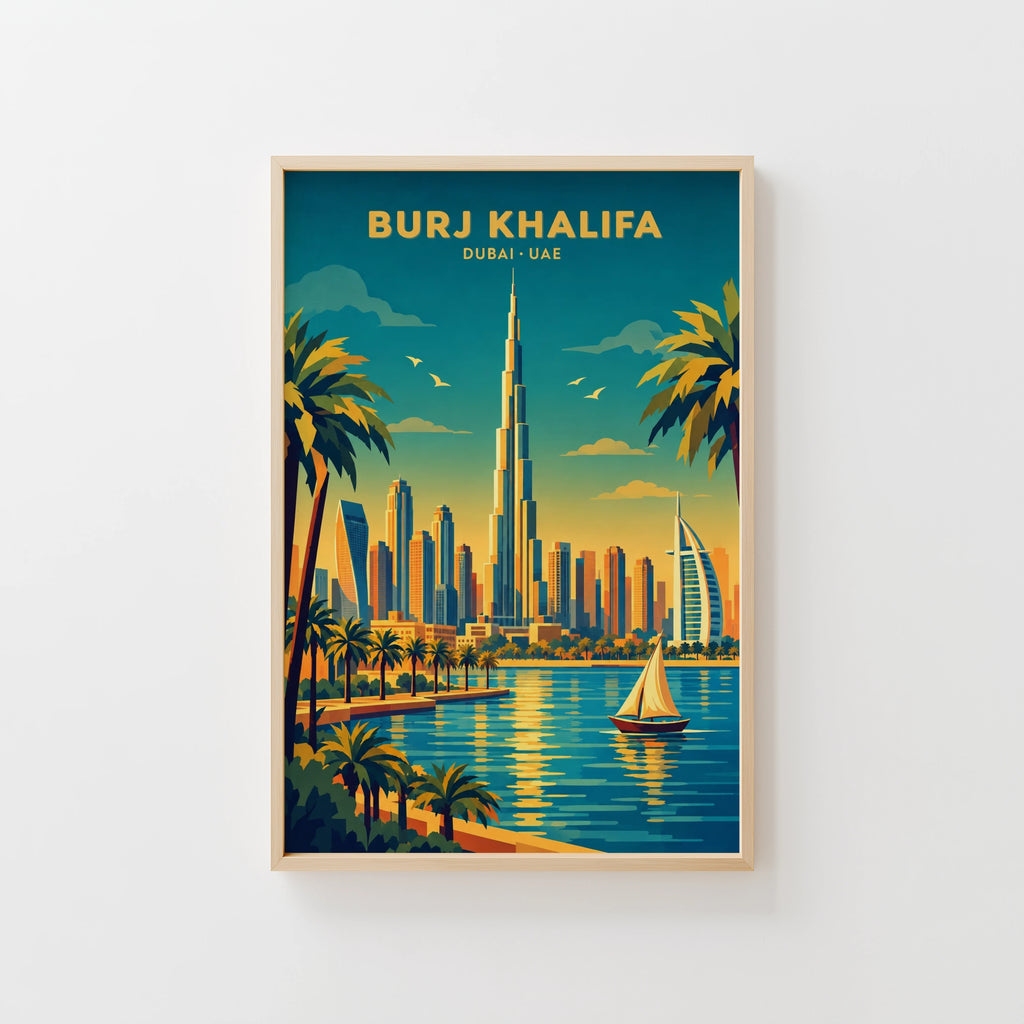 Vintage Dubai Poster, Burj Khalifa Wall Art, UAE Print