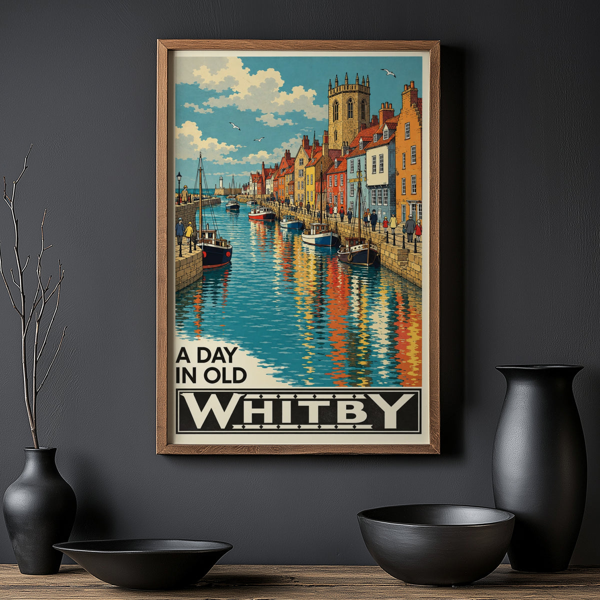 Vintage Whitby Harbour Poster, Yorkshire Coast Wall Art