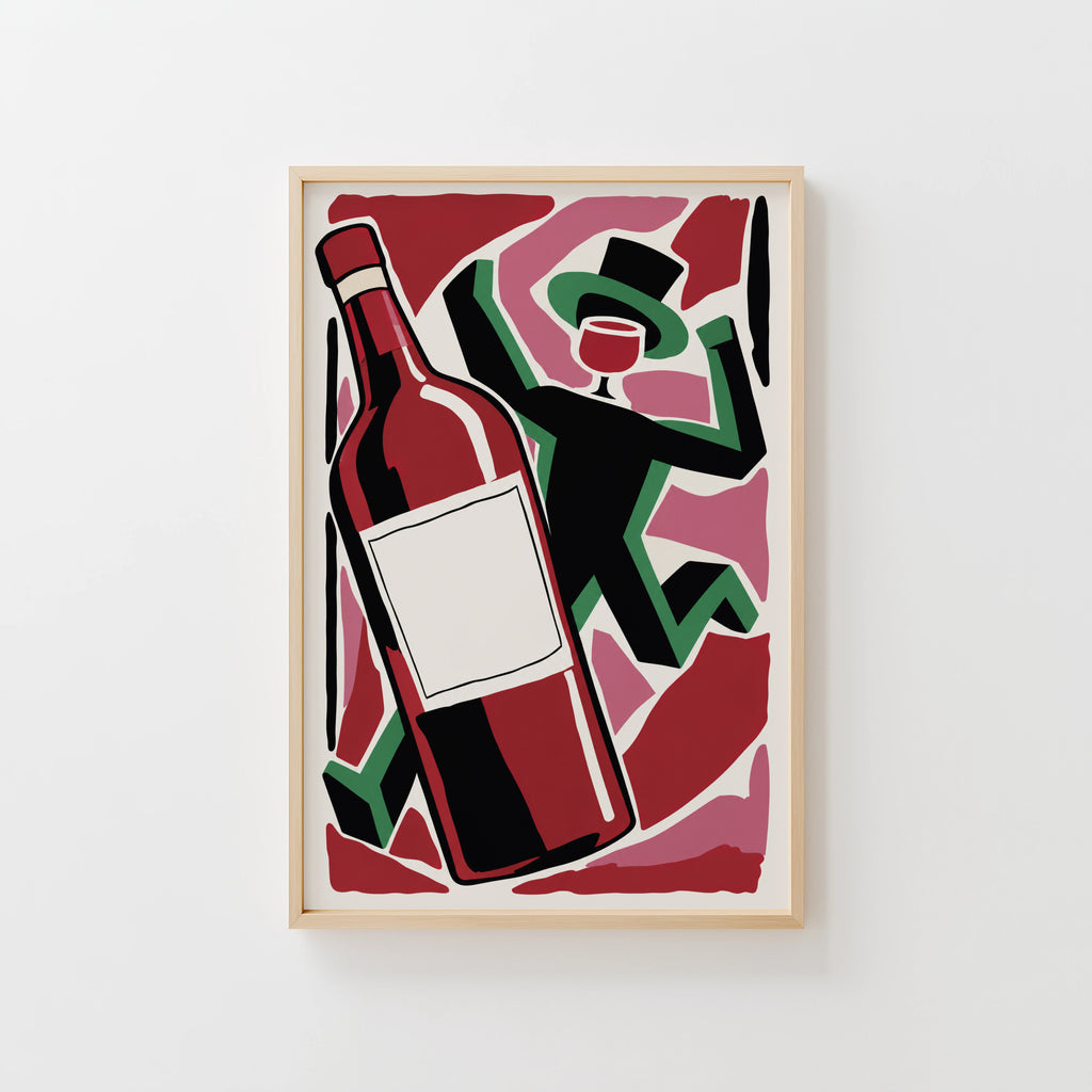 Vintage Wine Print Poster, Red Wine Bottle Wall Art