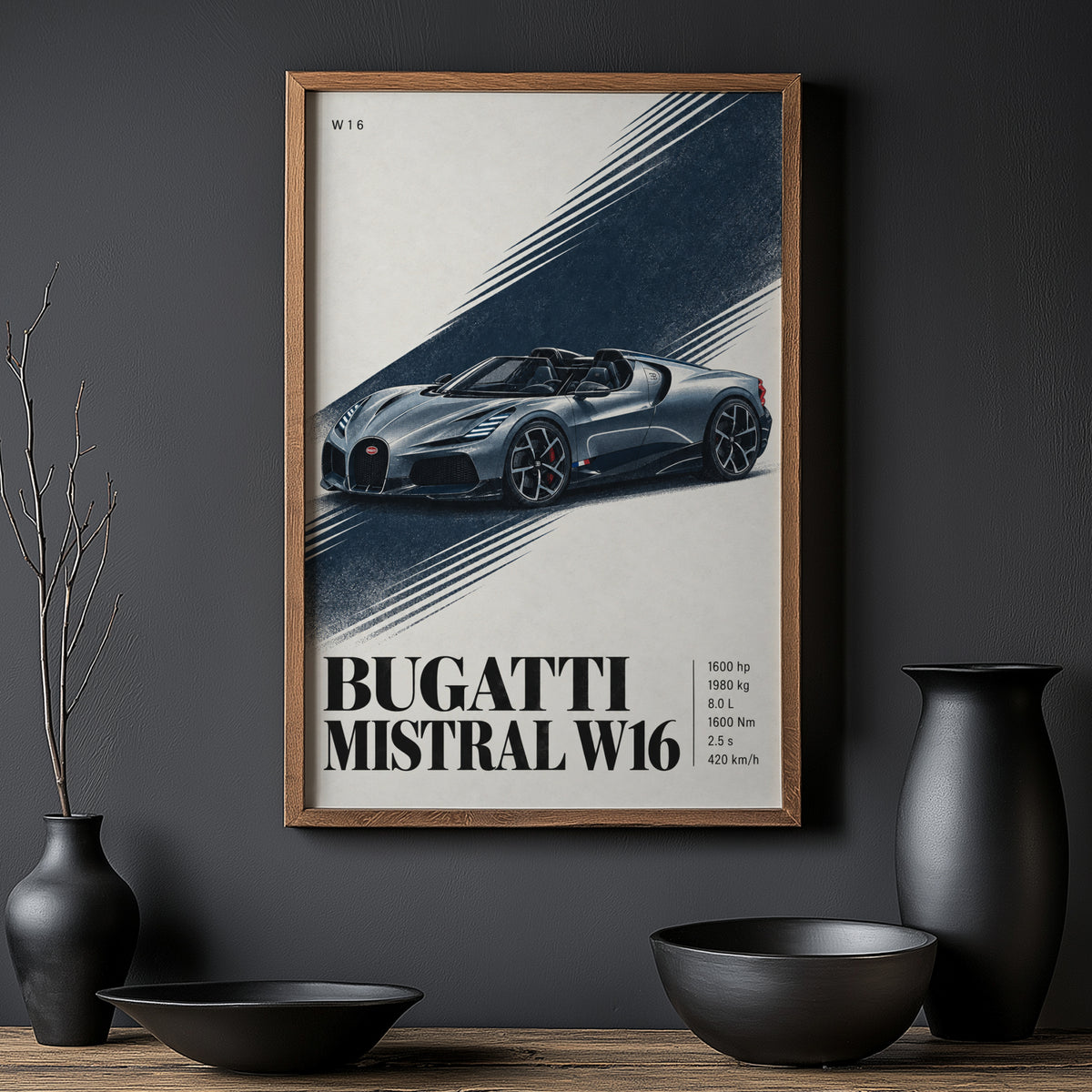 Vintage Bugatti Mistral W16 Print, Car Wall Art