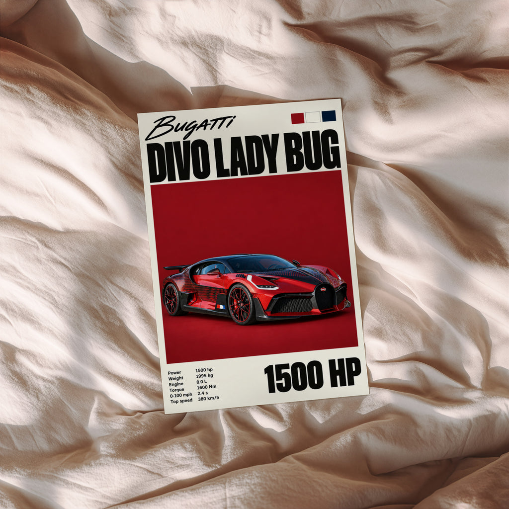 Vintage Print, Bugatti Divo Lady Bug Car Wall Art