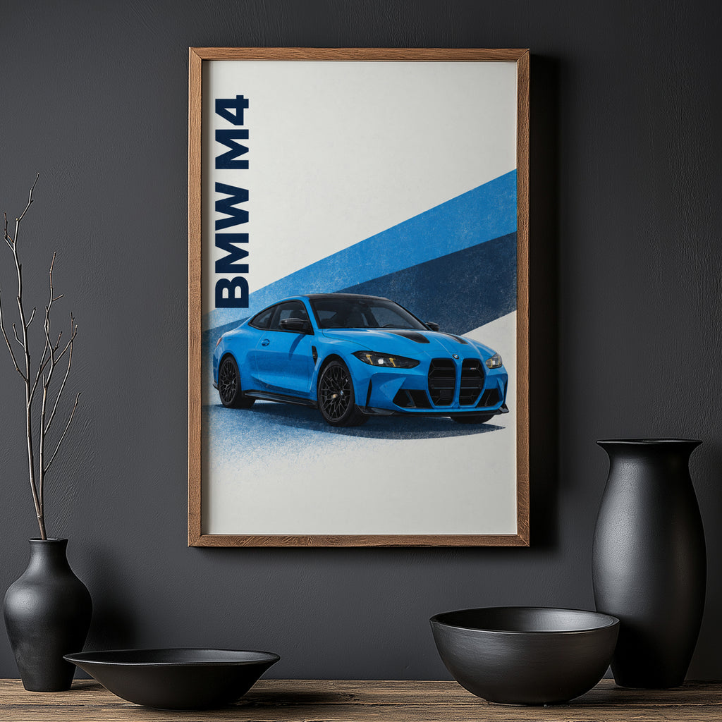 Vintage BMW M4 Print, Blue Car Wall Art