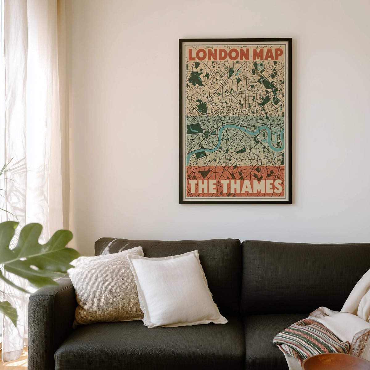 Vintage London Map Poster, Thames Wall Art, City Print