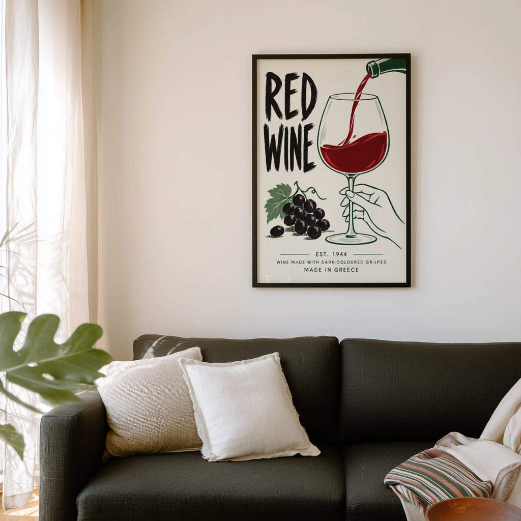 Vintage Red Wine Print Poster, Kitchen Wall Art, Greece