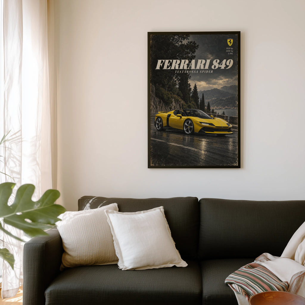 Vintage Ferrari Print, Yellow Supercar Wall Art