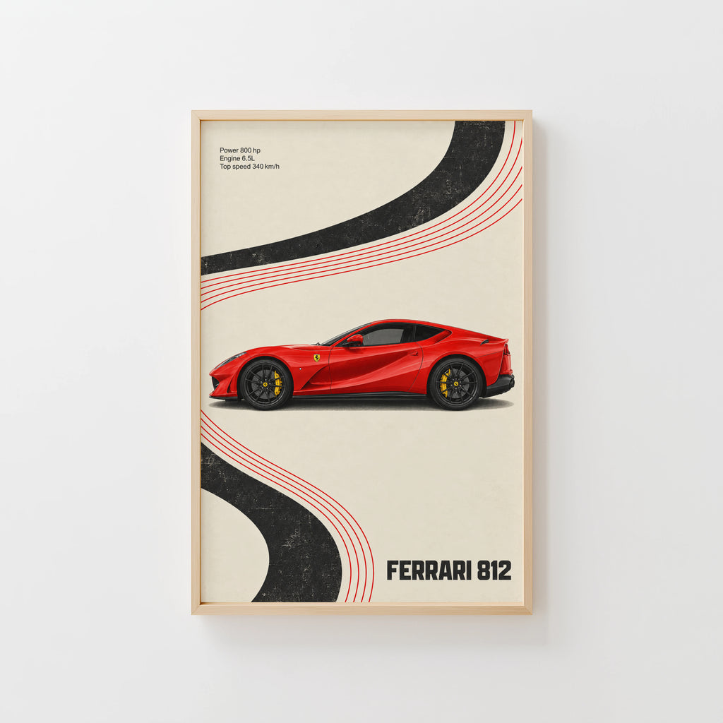 Vintage Ferrari 812 Print, Red Supercar Wall Art