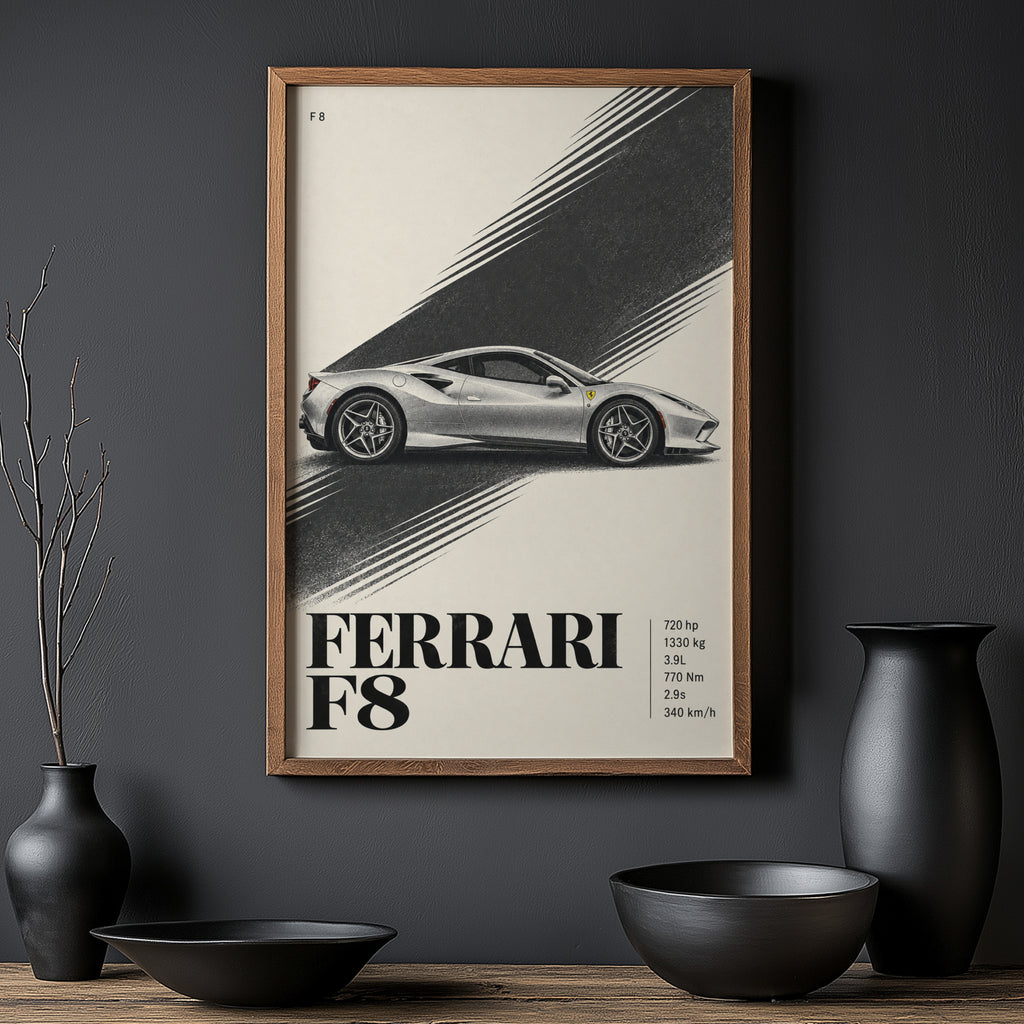 Vintage Ferrari F8 Print, Supercar Wall Art