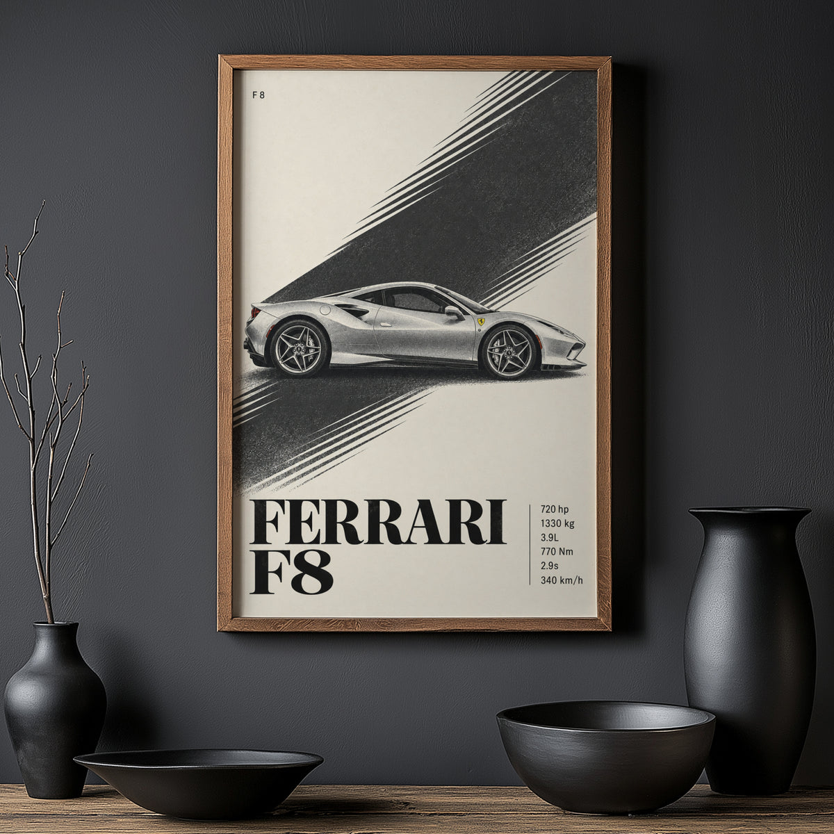 Vintage Ferrari F8 Print, Supercar Wall Art
