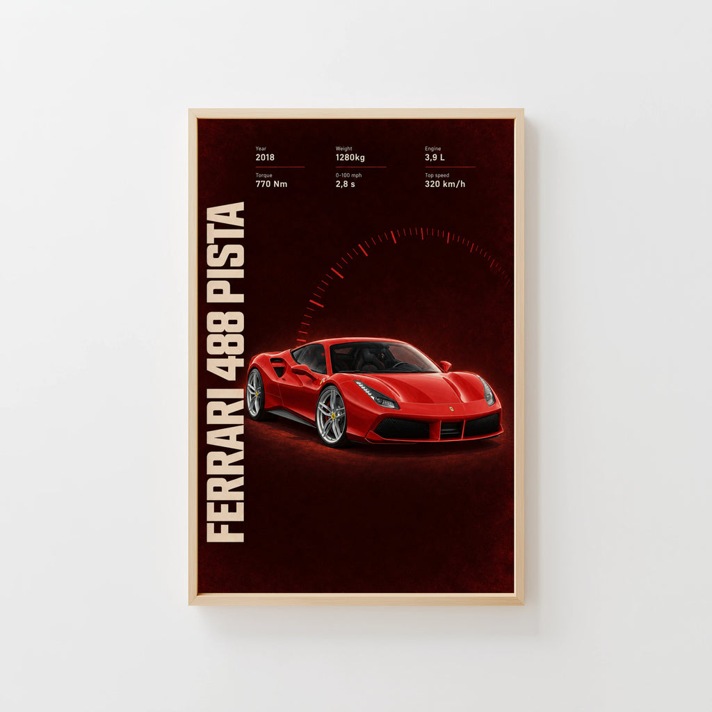 Vintage Ferrari 488 Pista Print, Supercar Art