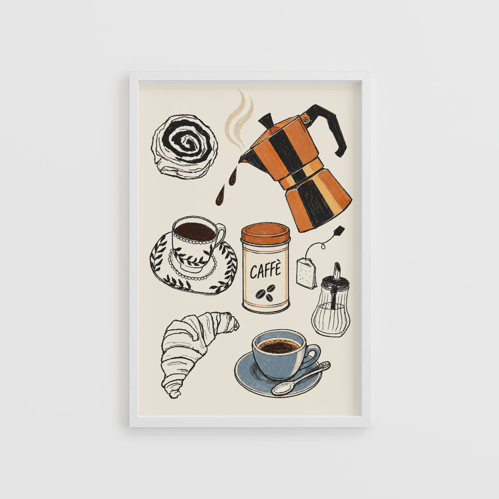 Vintage Coffee Poster, Moka Pot Print, Kitchen Wall Art
