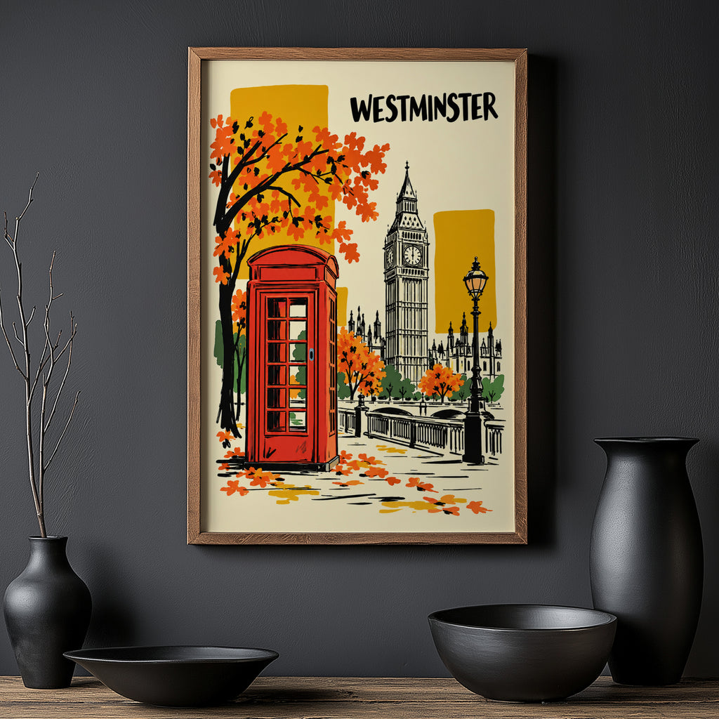 Vintage Westminster London Poster, Red Telephone Box Wall