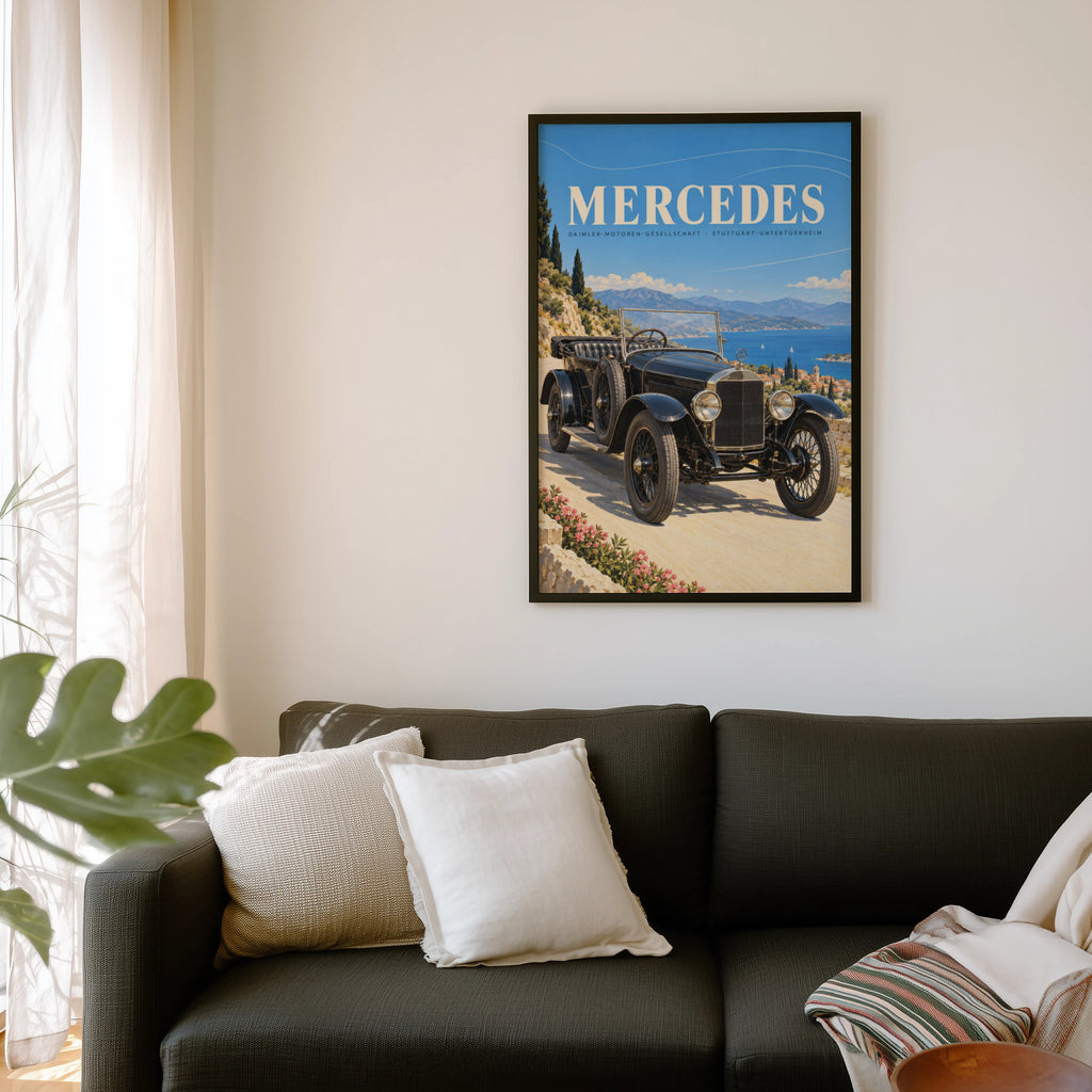 Vintage Mercedes Car Poster, Coastal Wall Art, Retro Print