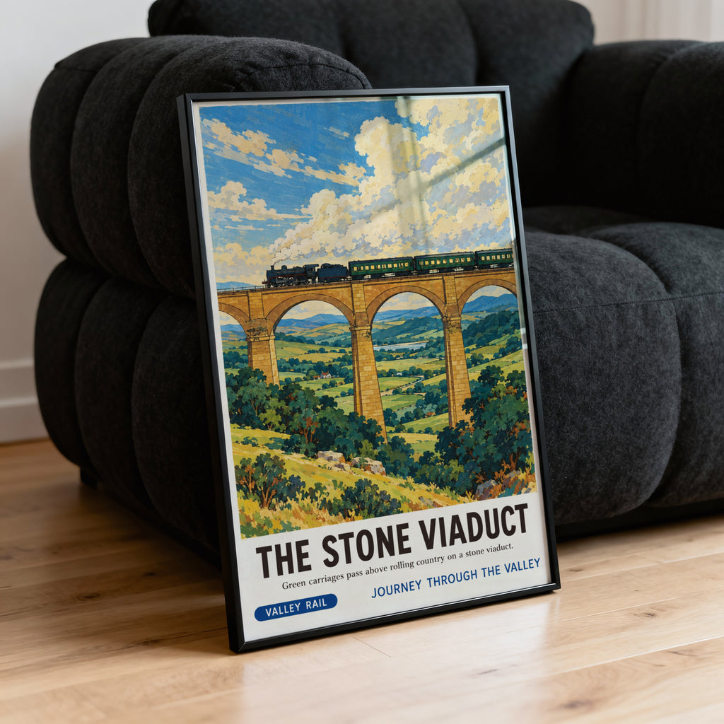 Vintage Steam Train Print Poster, Stone Viaduct Wall Art