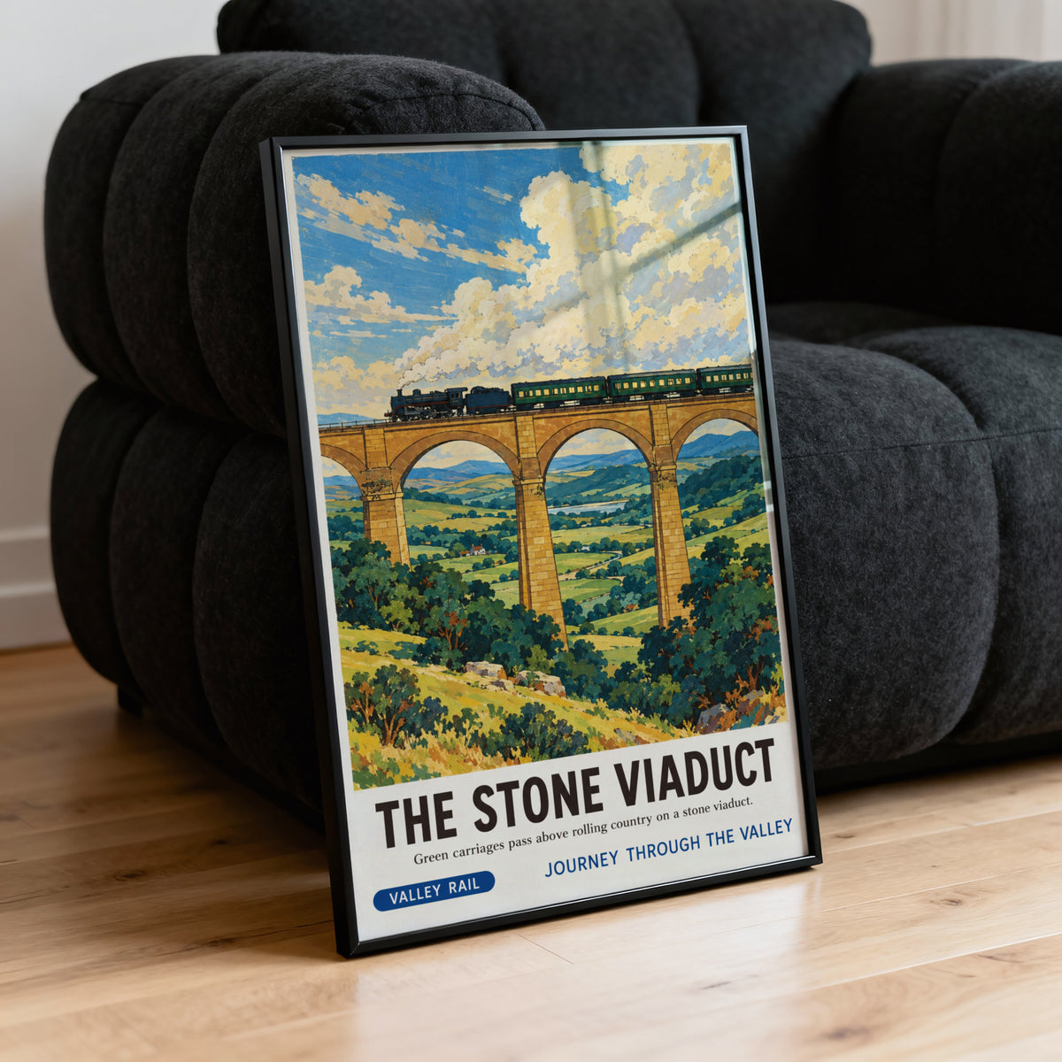 Vintage Steam Train Print Poster, Stone Viaduct Wall Art