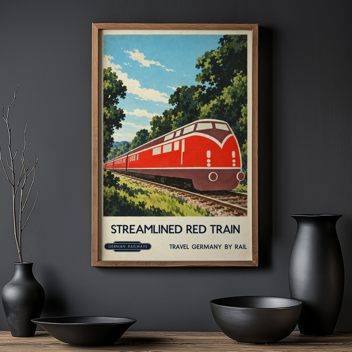 Vintage German Railways Train Print Poster, Red Train Art