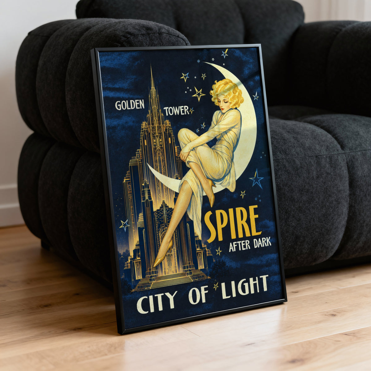Vintage Art Deco Moon Lady Poster, Night City Wall Art Print