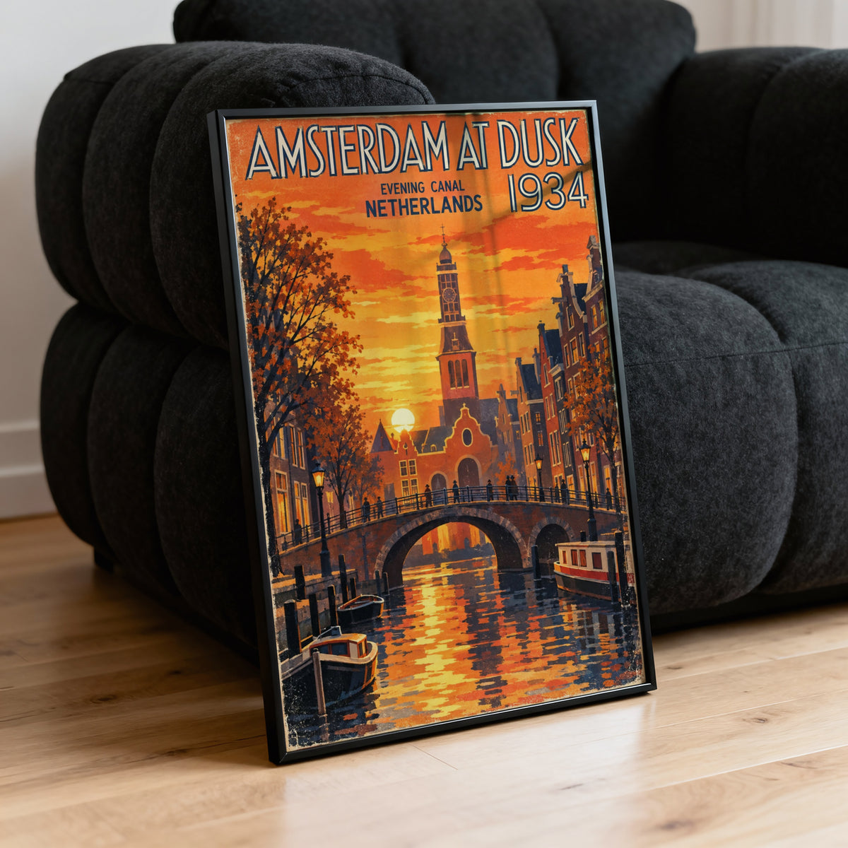 Vintage Amsterdam Poster, Canal Sunset Wall Art, Print